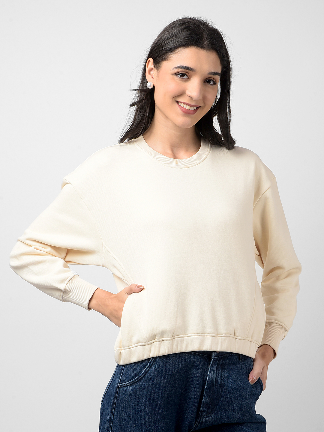Numero Uno Women Solid Cream Sweat Shirt